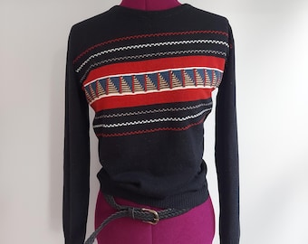 70s Chevron Sweater - Black/Forest/Spice Geometric - Sears Long Sleeve Pullover | ILGWU Label