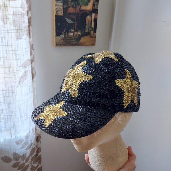 Kenar Sequin Baseball Cap | VINTAGE 80s Hip-Hop Street Goth | Black, Gold Stars | Soft Flexible Brim, Cotton Lining | Small To Medium