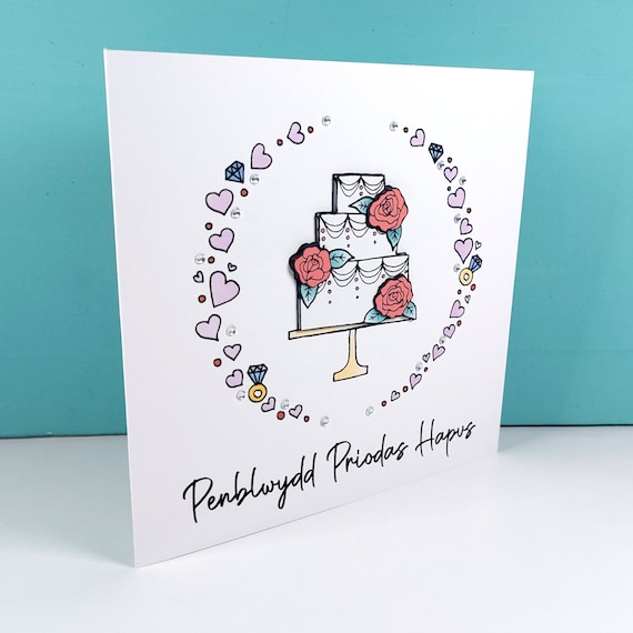 Paper Handmade PENBLWYDD PRIODAS CARD Happy Anniversary in Welsh