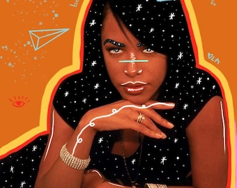 Aaliyah Art Print – Colorful Mixed Media Portrait with Stars | Afrofuturistic Wall Art by Leslie Anne | Limited Edition Giclée Print
