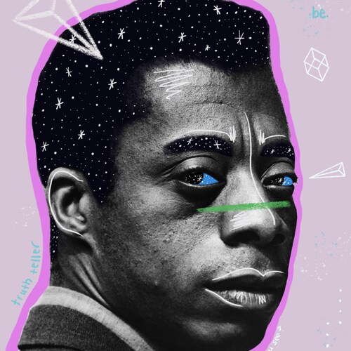 Impression d'art afro-futuriste James Baldwin - Portrait technique mixte violet