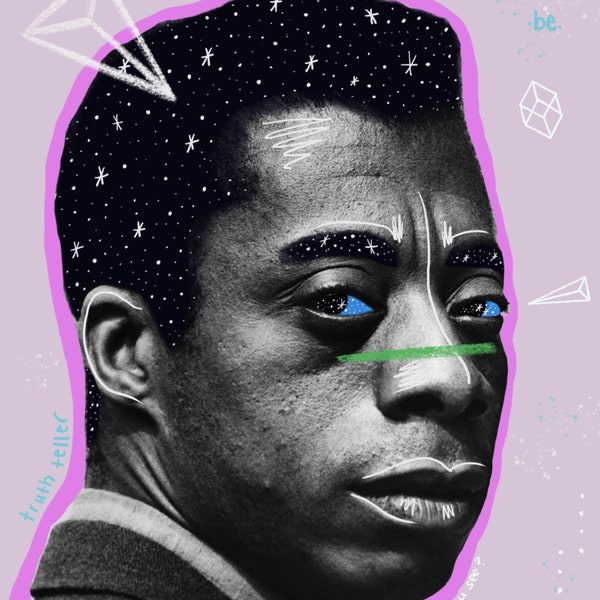 Impression d'art afro-futuriste James Baldwin - Portrait technique mixte violet