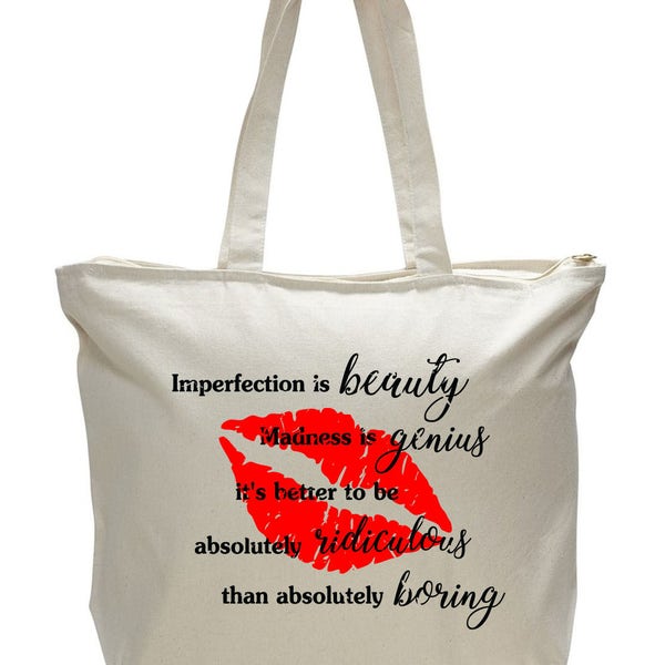 Imperfection is beauty Madness is genius Marilyn Monroe inspired Tote Bag shopping grocery fashion handbag