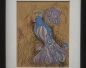 Handmade Sparrow Art/Blue Purple Ink/ Fly