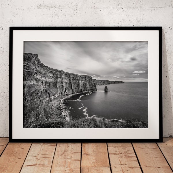 Cliffs of Moher, Co Clare, Ireland, B&W Black and white, wall art, irish landscape, print