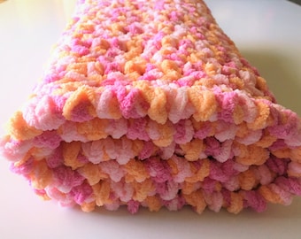 Manta de bebé de crochet color melocotón, manta de chenilla para asiento de coche, hecha a mano