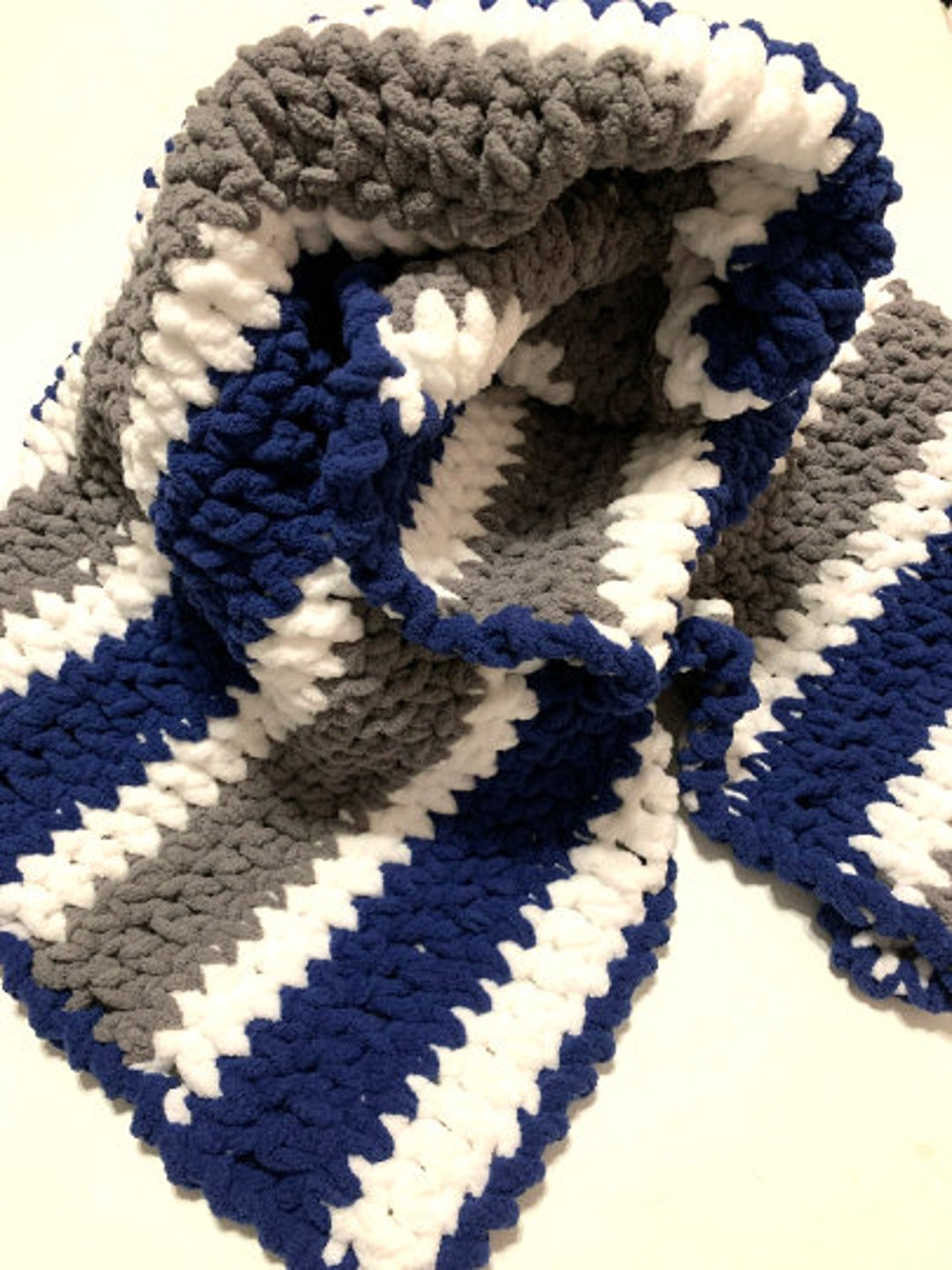 Navy Blue Gray White Baby Blanket, Handmade Crochet Navy Baby Blanket