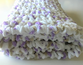 Handmade Crochet Chenille Baby Blanket, Purple, Peach, and White