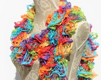 Crochet Ruffle Scarf, Rainbow Scarf, Crochet Scarf, Frilly Scarf, Handmade Scarf, Fashion Scarf, Ready to ship, Gift for Her, Colorful Scarf