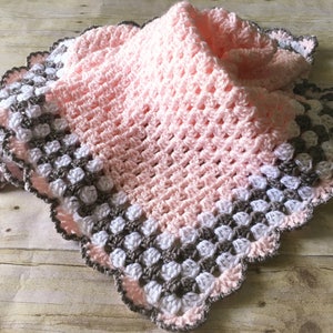 Handmade Crochet Baby Blanket, Pink, Gray, and White Afghan