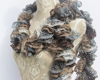 Mothers Day Gift, Crochet Ruffle Scarf, Ruffle Scarf, Grey Brown Ruffle Scarf, Crochet Scarf, Gift for Her, Handmade Scarf, Fashion Scarf