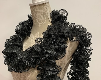 Gift for Mom, Black Crochet Ruffle Scarf, Crochet Scarf, Blue Ruffle Scarf, Handmade Ruffle Scarf, Sashay Scarf, Ready to ship, Gift for Her