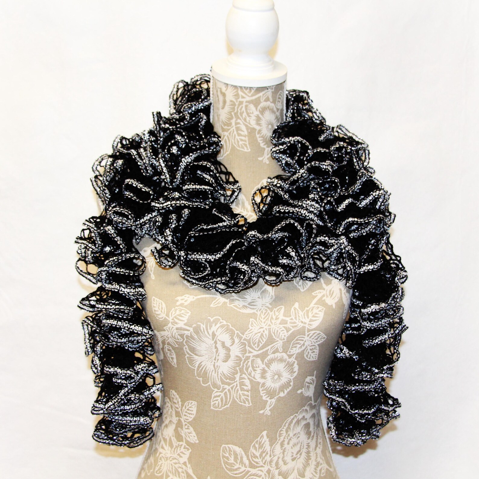 Black White Crochet Scarf, Black Ruffle Scarf, Handmade Ruffle Scarf ...