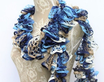 Mothers Day Gift, Multi Blue Crochet Scarf, Crochet Ruffle Scarf, Frilly Scarf, Blue Ruffle Scarf, Fashion Scarf, Denim Crochet Scarf