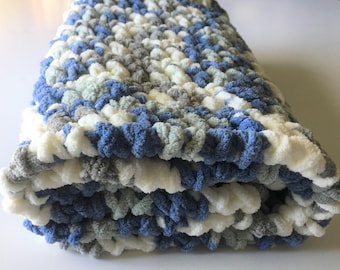 Handmade Crochet Baby Blanket, Blue Chenille Stroller Blanket