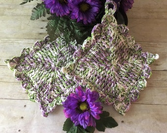 Cotton Pot Holders, Purple Green Pot Holders, Kitchen Pot Holder Hot Pad Crochet Pot Holders, Crochet Pot Holder, Handmade Crochet Potholder
