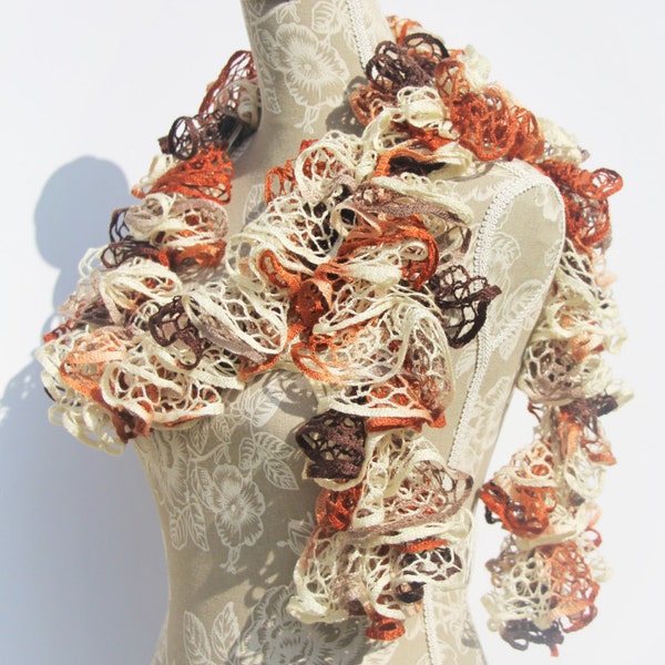 Orange Brown Crochet Scarf, Ruffle Scarf, Autumn Crochet Ruffle Scarf, Handmade Scarf, Mothers Day Gift, Ready to Ship, Fashion Scarf, Gift