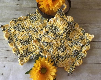 Yellow Grey Pot holders, Kitchen Potholder, Mothers Day Gift, Yellow Pot Holders, Crochet Potholder, Pot Holder Set, Crochet, Gift for her,