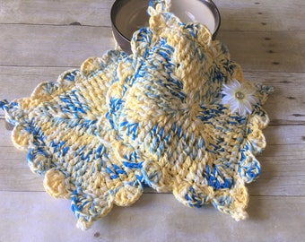 Yellow Blue Pot Holder, Kitchen Pot Holder, Pot Holders, Crochet Pot Holder, Handmade Pot Holders, Gifts for her, Gifts