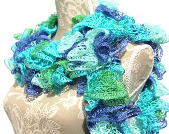 Gift for Mom, Multi Color Ruffle Scarf, Crochet Ruffle Scarf, Blue, Green, Teal, Crochet Scarf, Teacher Gift, Sashay Scarf, Frilly Scarf