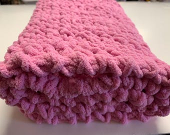 Pink Crochet Baby Blanket, Chenille Car Seat Blanket, Handmade