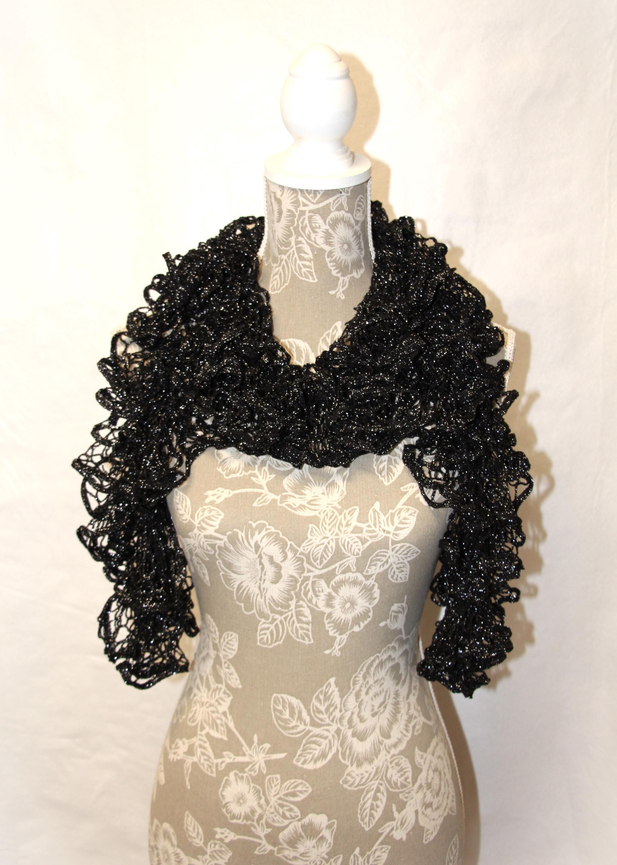 Black White Crochet Scarf, Black Ruffle Scarf, Handmade Ruffle Scarf ...