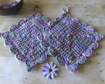 Mothers Day Gift, Handmade Pot holders, Kitchen Pot Holders, Purple/Green Pot Holders, Hot Pad, Cotton Pot Holder, Gift for Mom