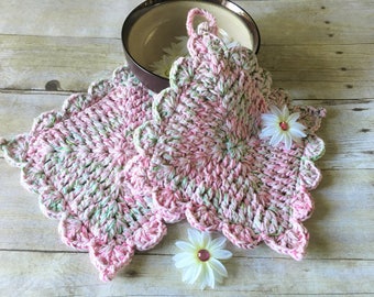 Handmade Pot Holder, Kitchen Potholder, Pink/Green Pot Holder, Christmas Gift, Shabby Chic, Crochet Hot Pads, Pot Holders, Ready to Ship