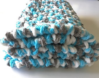 Blue Gray Crochet Baby Blanket, Chenille Car Seat Blanket