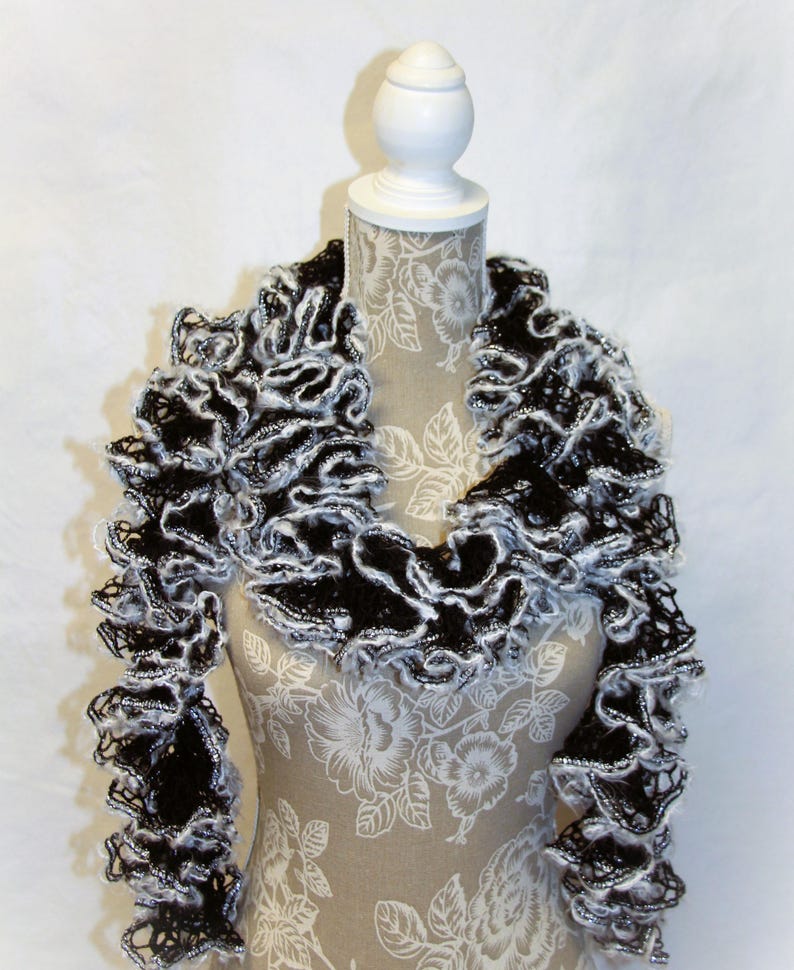 Black White Crochet Scarf, Black Ruffle Scarf, Handmade Ruffle Scarf ...