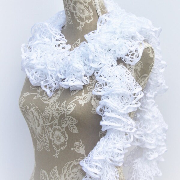 White Crochet Scarf, Ruffle Scarf, Crochet Ruffle Scarf, Ready to Ship, Scarf, Frilly Scarf, Birthday Gift, Fashion Scarf, Gifts under 20