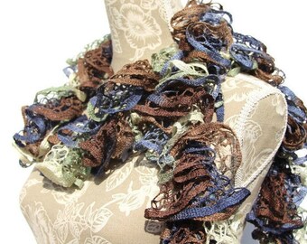 Ruffle Scarf, Crochet Ruffle Scarf, Frilly Scarf, Blue Brown Crochet Scarf, Handmade Scarf, Trendy Accessories, Fashion Scarf, Crochet Scarf