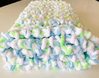 Crochet Chenille Baby Blanket: Mint, Blue & White, Newborn Gift