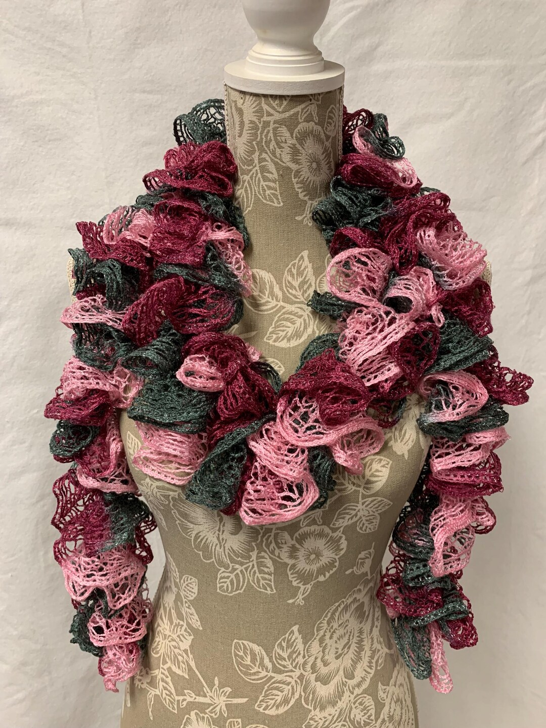 Pink Grey Ruffle Scarf, Crochet Ruffle Scarfs, Ruffle Scarf, Crochet ...