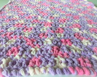 Crochet Baby Blanket: Pink, Lilac, and White Chenille Yarn