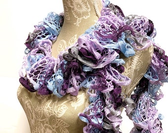 Gifts for Mom, Multi Colored Ruffle Crochet Scarf, Purple Crochet Scarf, Lavender Ruffle Scarf, Mothers Day Gift, Frilly Scarf Gifts for her