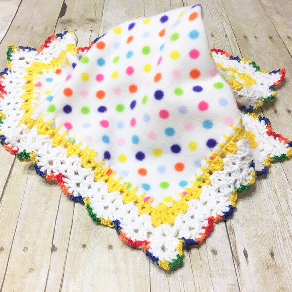 Rainbow Fleece Blanket, Baby Fleece Blanket, Polka Dot Fleece Blanket, Crochet Baby Blanket, Fleece Throw, Rainbow Blanket, Crochet Edging