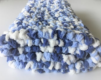 Crochet Blue Baby Blanket, Plush Chenille, Baby Shower Gift