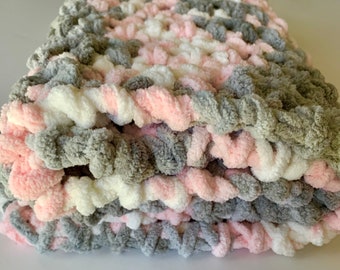Handmade Crochet Baby Blanket, Pink Gray Chenille Yarn, Car Seat Blanket