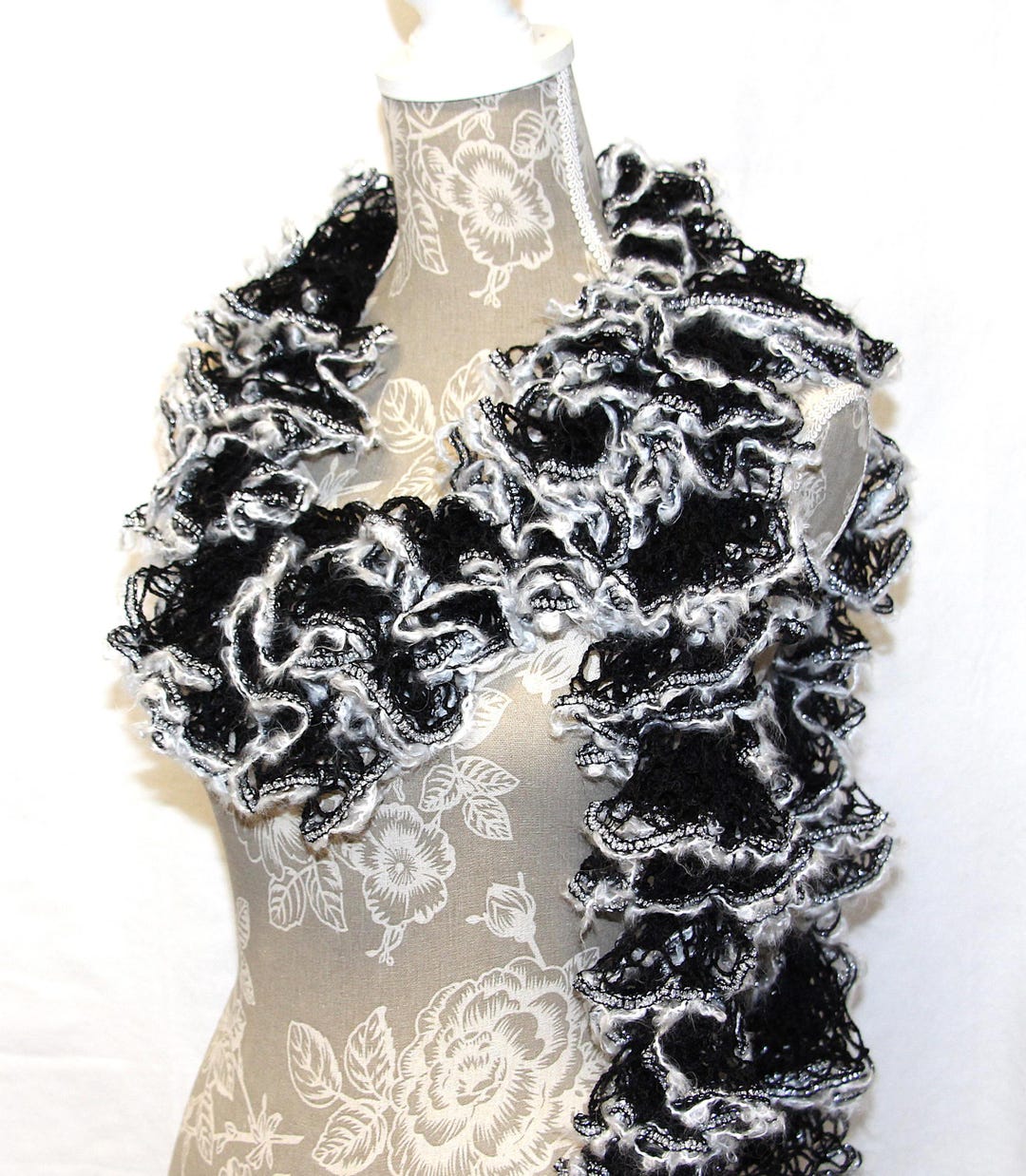 Black White Crochet Scarf, Black Ruffle Scarf, Handmade Ruffle Scarf ...