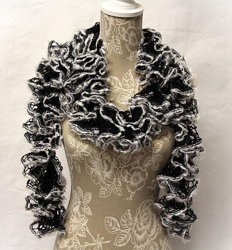 Black White Crochet Scarf, Black Ruffle Scarf, Handmade Ruffle Scarf ...