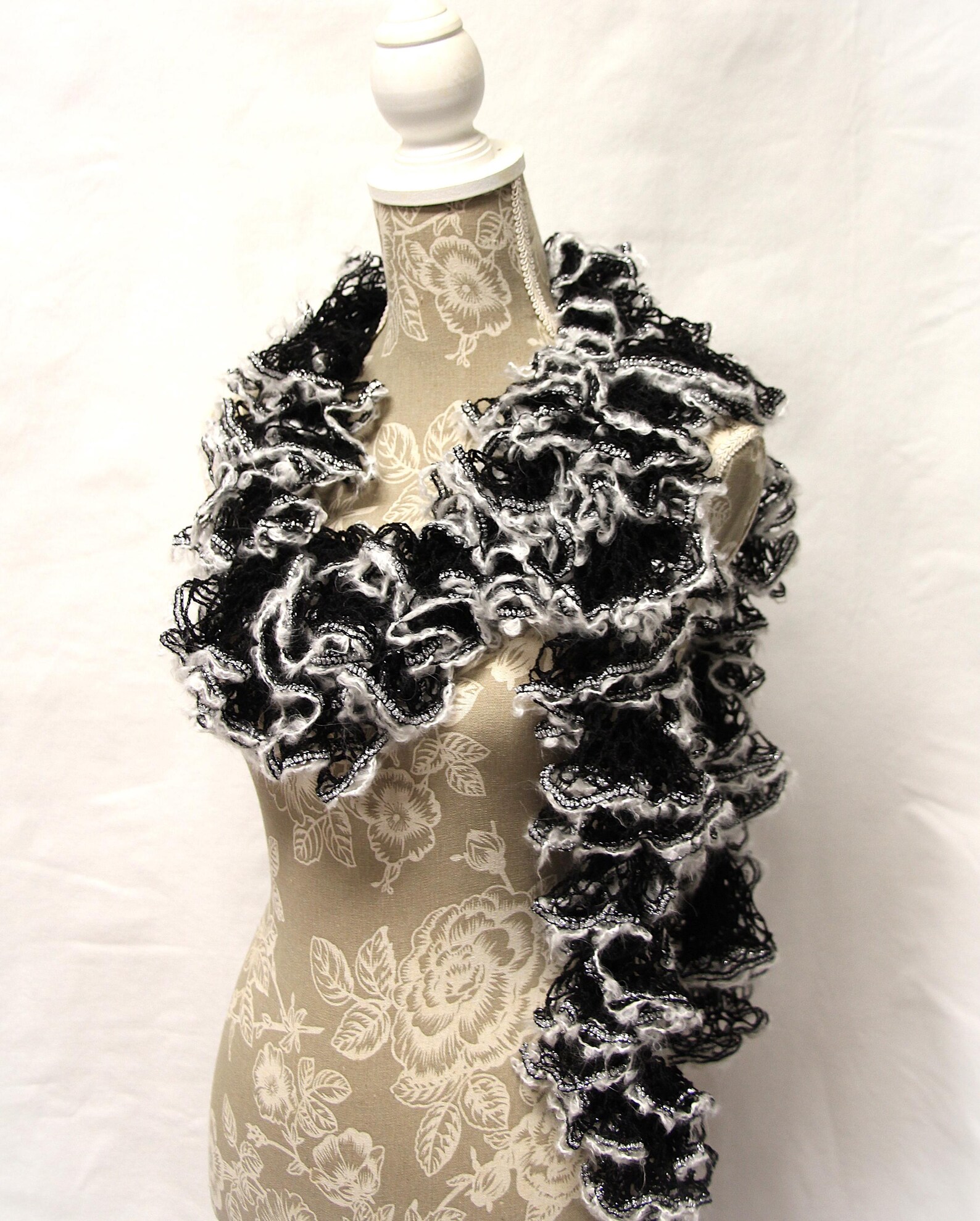 Black White Crochet Scarf, Black Ruffle Scarf, Handmade Ruffle Scarf ...