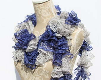 Mothers Day Gift, Blue Gray Scarf, Ruffle Scarf, Blue Crochet Scarf, Handmade Scarf, Dallas Cowboys Scarf, Sashay Scarf, Gift for Her, Scarf