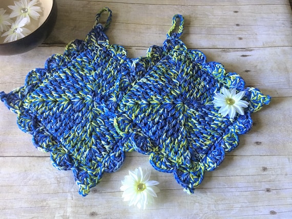 Pot Holders, Crochet Pot Holders, Kitchen Pot Holder, Blue Green Pot Holder,  Hot Pad, Handmade Pot Holders, Ready to Ship, Christmas Gift 