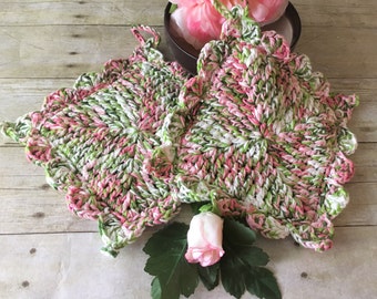 Gift for Mom, Crochet Potholder, Kitchen Pot Holders Pink Green Cotton Potholder, Floral Pot Holders, Multicolor Pot Holder, Gift for her