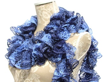 Mothers Day Gift, Multiblue Crochet Ruffle Scarf, Blue Ruffle Scarf, Sashay Scarf, Blue Crochet Scarf, Handmade Scarf, Frilly Fashion Scarf