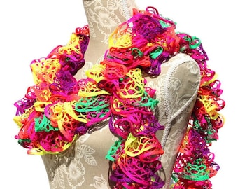 Neon Crochet Scarf, Ruffle Scarf, Colorful Scarf, Scarf, Crochet Ruffle Scarf, Mothers Day Gift, Sashay Scarf, Crochet Scarf, Gifts for her