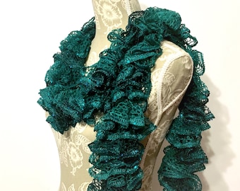 Teal Crochet Scarf, Crochet Ruffle Scarf, Crochet Scarf, Ready to Ship, Green Scarf, Fashion Scarf, Ruffle Scarf, Frilly Scarf, Gift for her