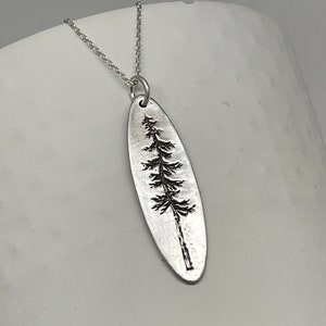 Tree of Life Bar Necklace • Sterling Silver Evergreen Tree Necklace •Embossed Pine Tree Pendant • Oval Vertical Necklace • Modern Tree Charm