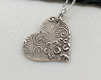 Unique Silver Heart Necklace Sterling Silver Necklace Heart Pendant Necklace Silver Floral Jewelry Gift for Her Handmade Layering Necklace